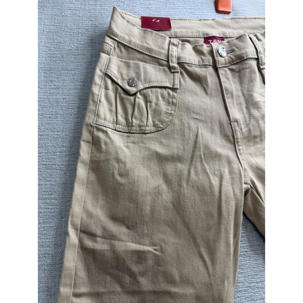 T&Y Fashion Capri Pants Womens 5/6 Beige Skinny Leg Cuffed Hem Ankle Button - Picture 3 of 16